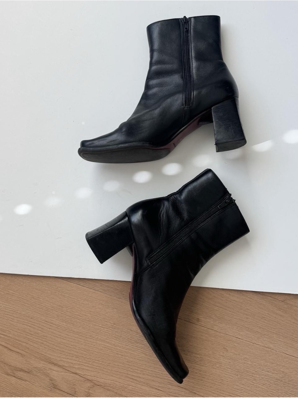 Vintage 90s Black Leather Ankle Boots 9 Square Chunky Heel Nine West - Picture 4 of 6